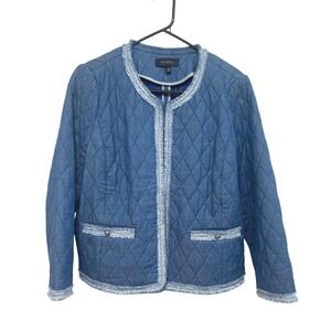 Talbots‎ Blue Quilted Denim Jacket 12 Tweed Trim Quiet Luxury Preppy Classic